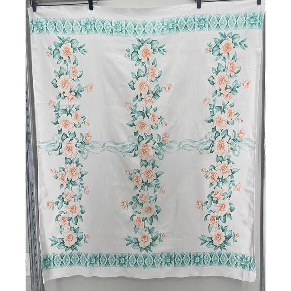 Vintage Handmade Orange Teal White Floral Slick Fabric Dining Table Tablecloth - Picture 1 of 7